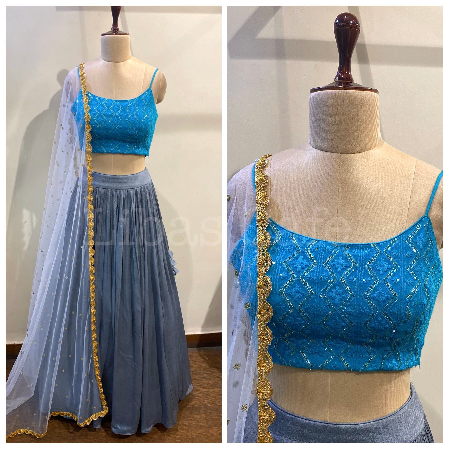 Teal Blue Noodle Blouse With Grey Lehenga